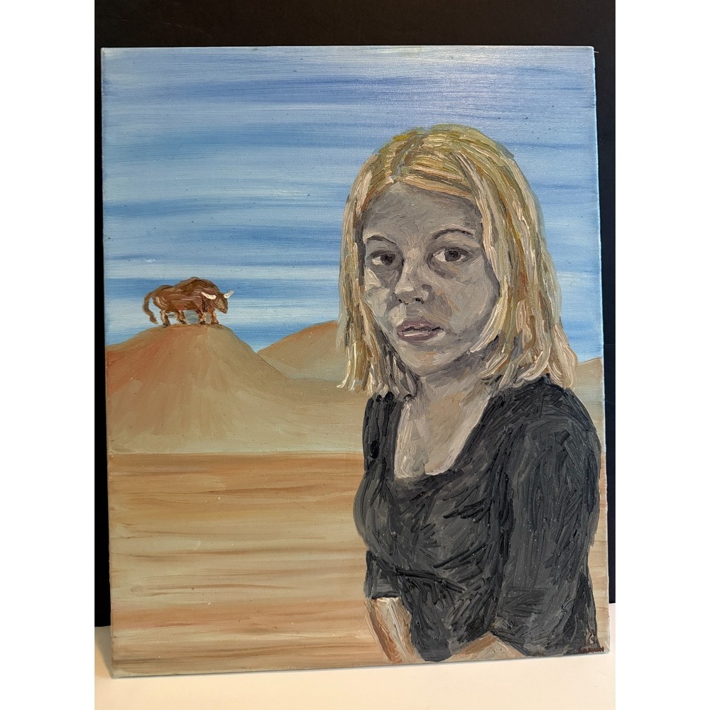 Girl and the Bull Original Oil Painting Canvas Taurus Art surreal portrait‎ OOAK